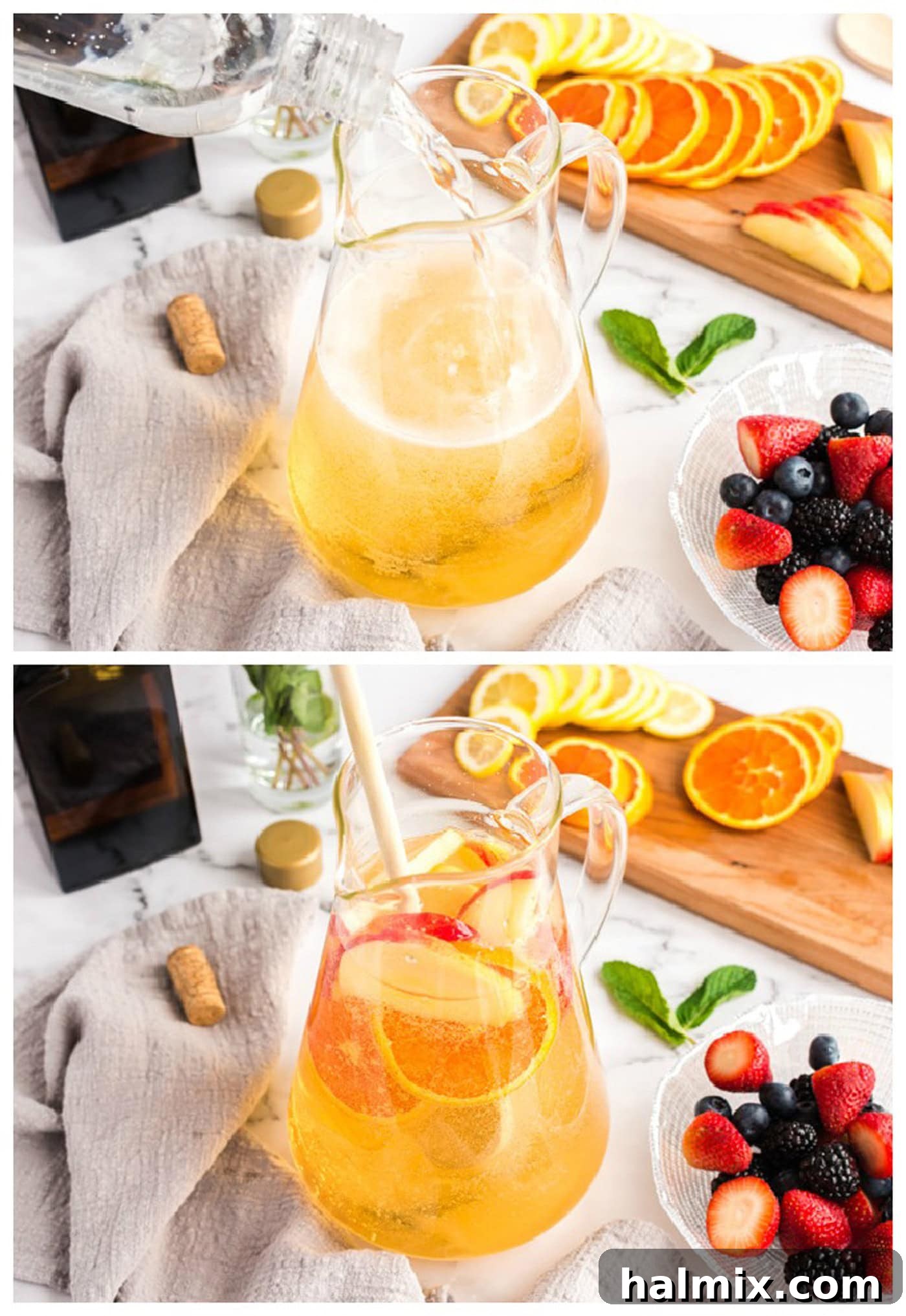 Sun-Kissed Sangria 5 Pouring white wine into a large glass pitcher, part of the sangria making process.