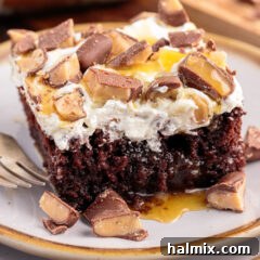 A perfect slice of Better Than Sex Cake, showcasing its moist layers, rich caramel, creamy topping, and crunchy Heath bar bits, served on a plate with a fork.