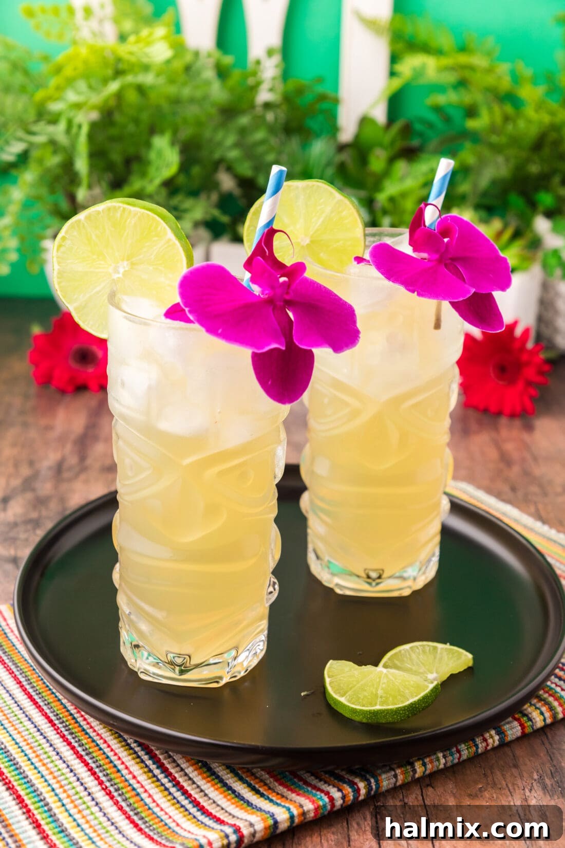 Two vibrant Jamaican Mules on a black tray with fresh lime slices, inviting a refreshing tropical experience.