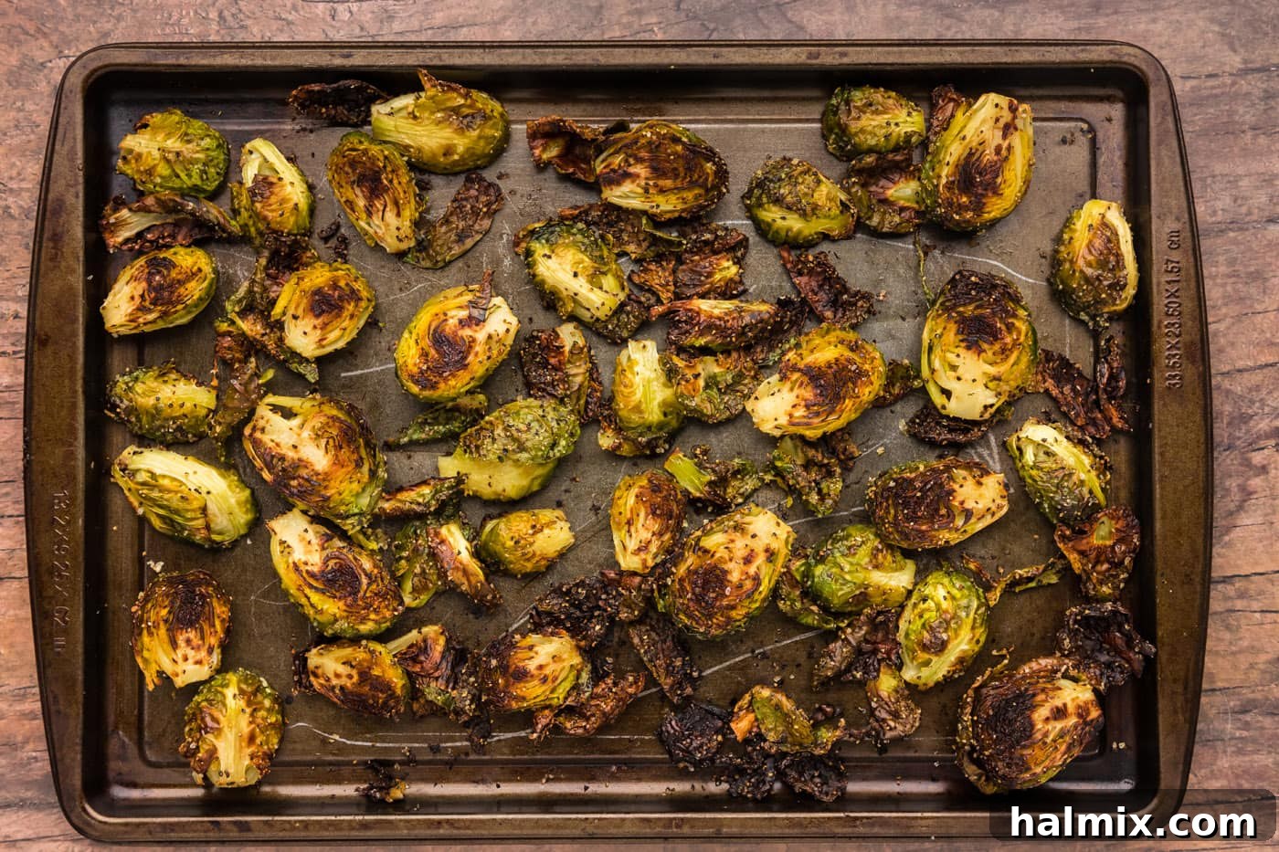finished roasted brussels sprouts on a baking sheet
