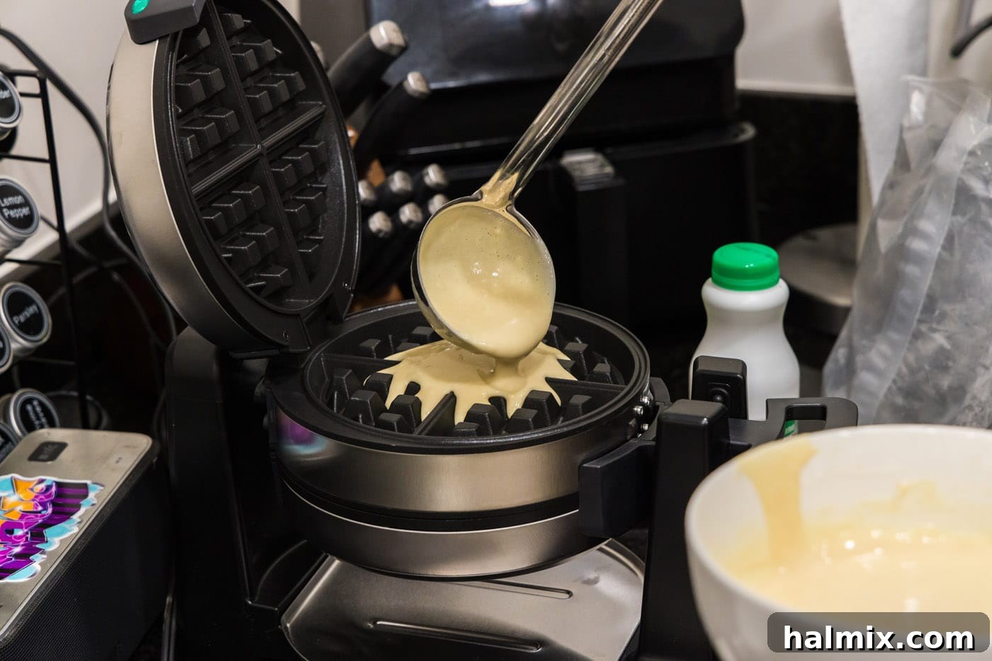 Southern Fried Bliss 11 Ladle pouring waffle batter into a hot waffle iron