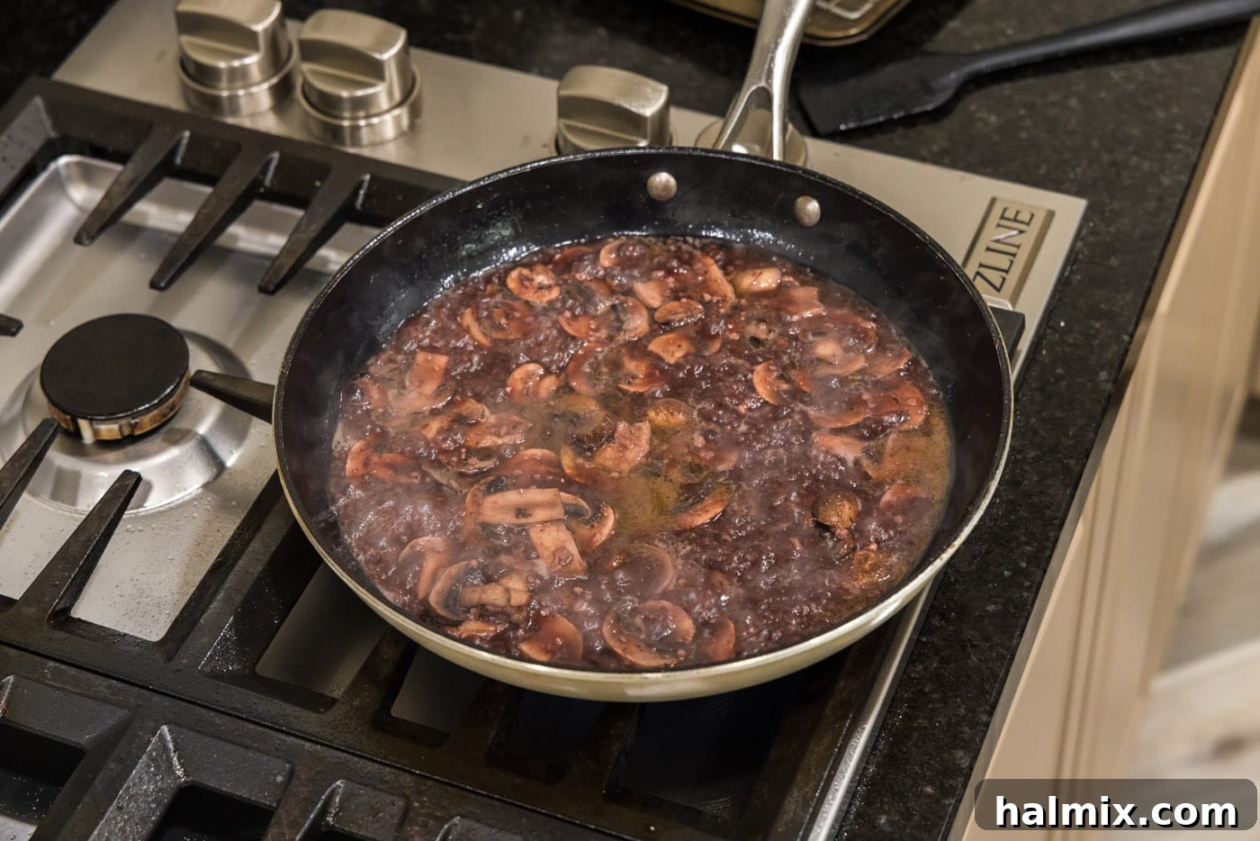 Marsala Veal: Italian Elegance 12 An appetizing mushroom Marsala sauce bubbling gently in a skillet, ready for the veal