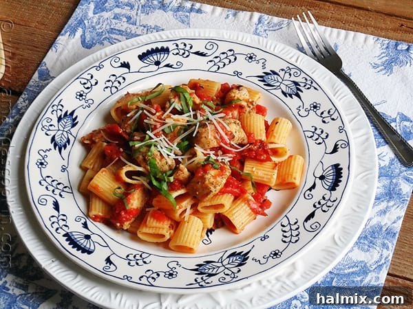 A close up photo of a plate of spiced chicken and mezzi rigatoni topped with grated Parmigiano-Reggiano cheese and fresh basil.