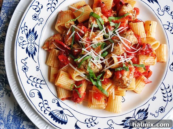 An overhead of a plate of spiced chicken and mezzi rigatoni topped with grated Parmigiano-Reggiano cheese and fresh basil.