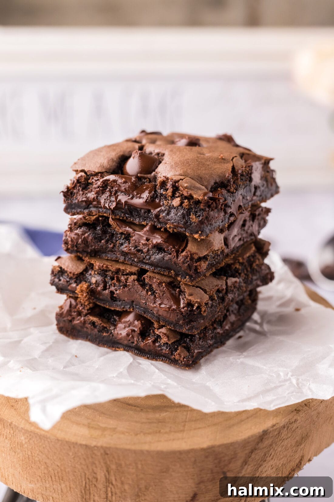 Stack of Cake Mix Brownies, showing off their dense and moist texture