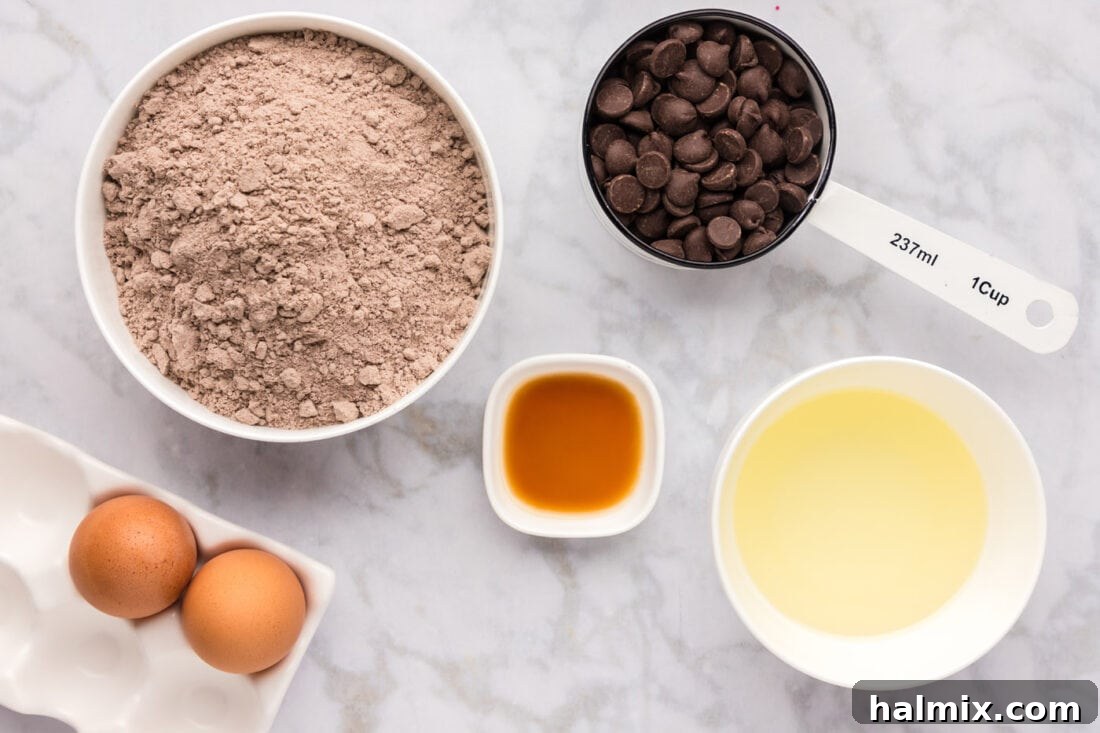 Ingredients for Cake Mix Brownies laid out on a baking surface
