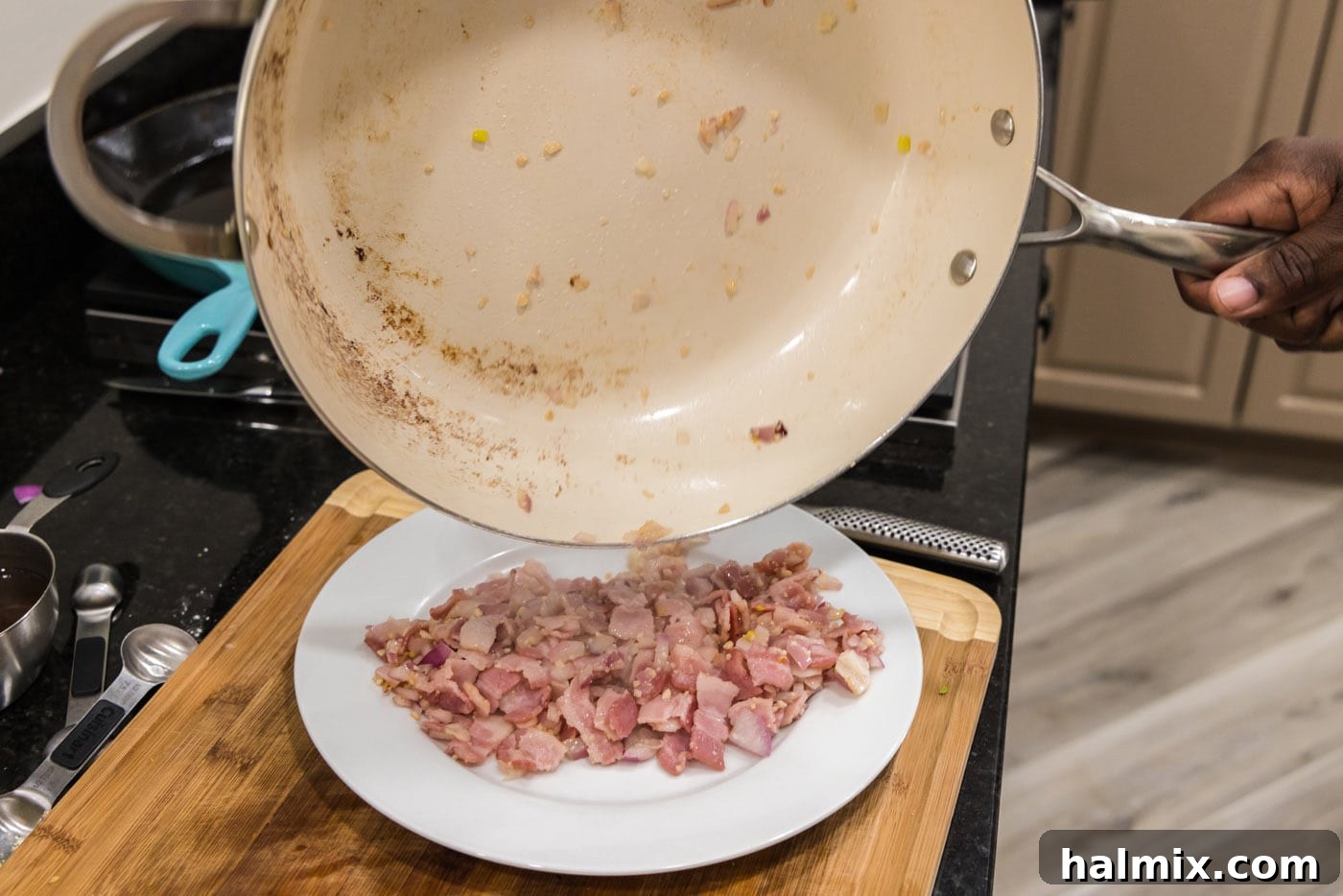 Old Fashioned Southern Green Beans 7 Transferring the cooked shallot and bacon mixture to a plate