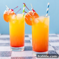 Vibrant Malibu Sunrise cocktails, a sweet and fruity tropical drink.