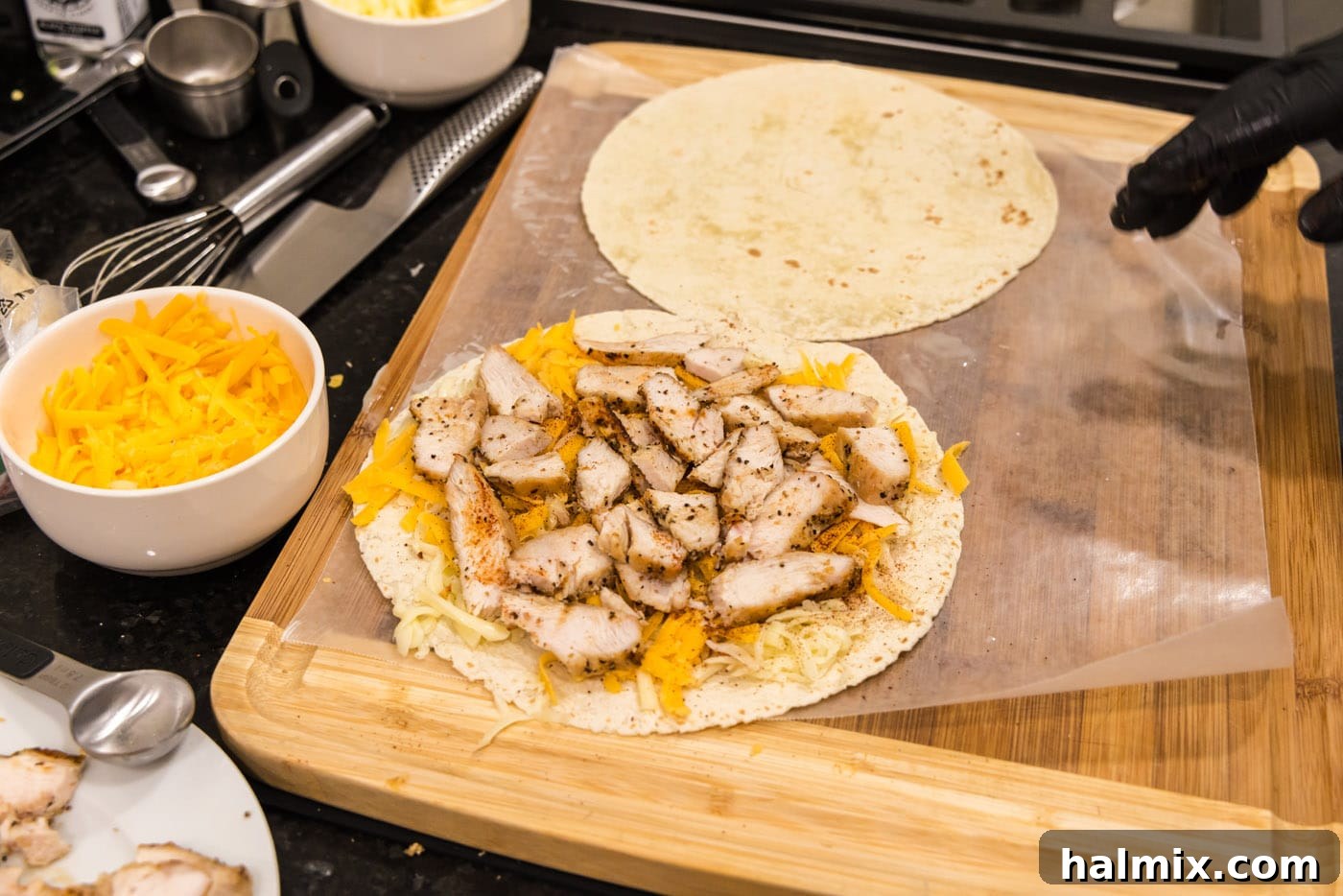Crispy Ranch Chicken Bacon Quesadillas 9 Diced chicken breast layered over the shredded cheese on a tortilla.