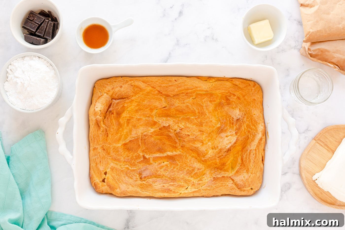 Chocolate Eclair Cloud Cake 8 puff pastry crust in a baking pan