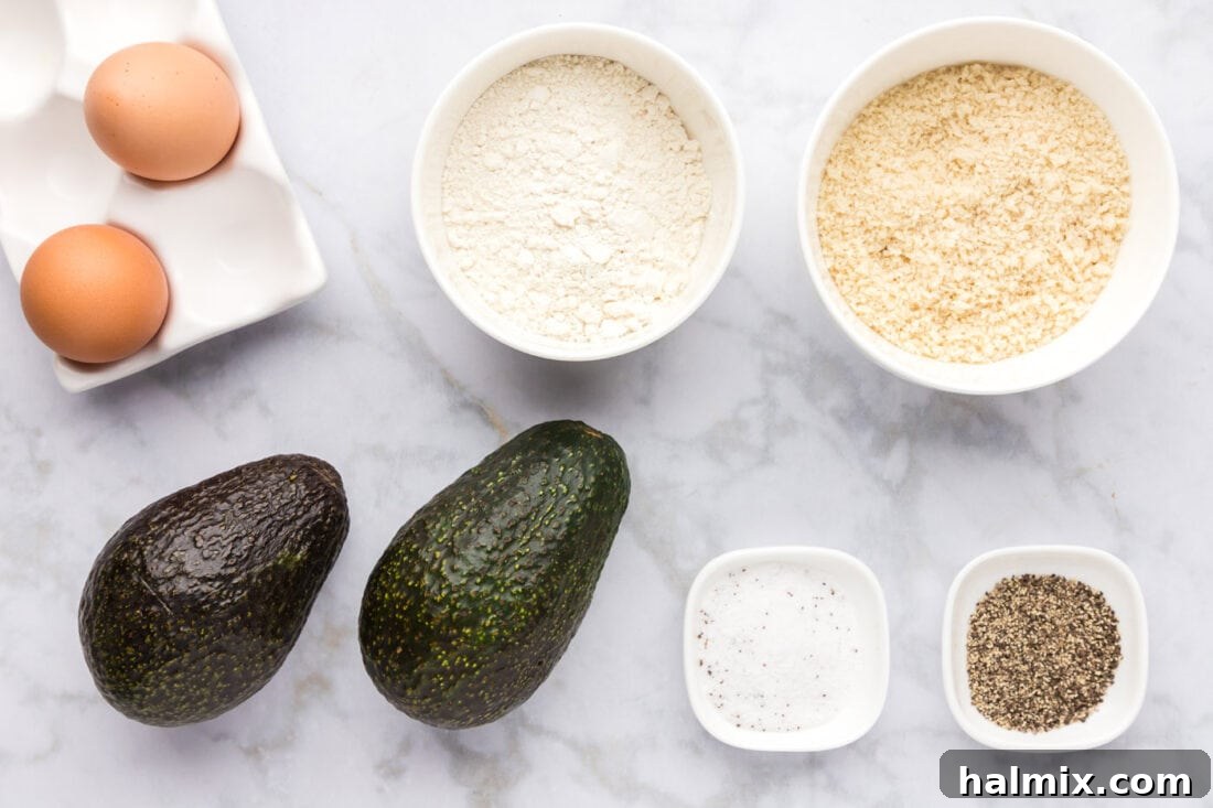 A collection of ingredients for Air Fryer Avocado Fries, including avocados, panko breadcrumbs, flour, eggs, and seasonings.