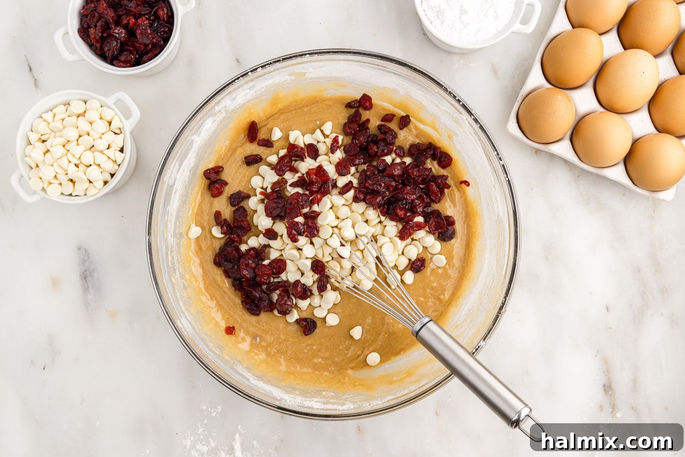 Tangy Cranberry Dream Bars 8 adding dried cranberries and white chocolate chips to blondie batter