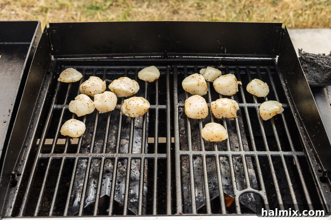 Scallops sizzling on the hot grill grates