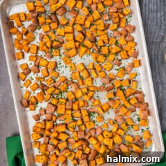 Roasted Sweet Potatoes on a baking sheet