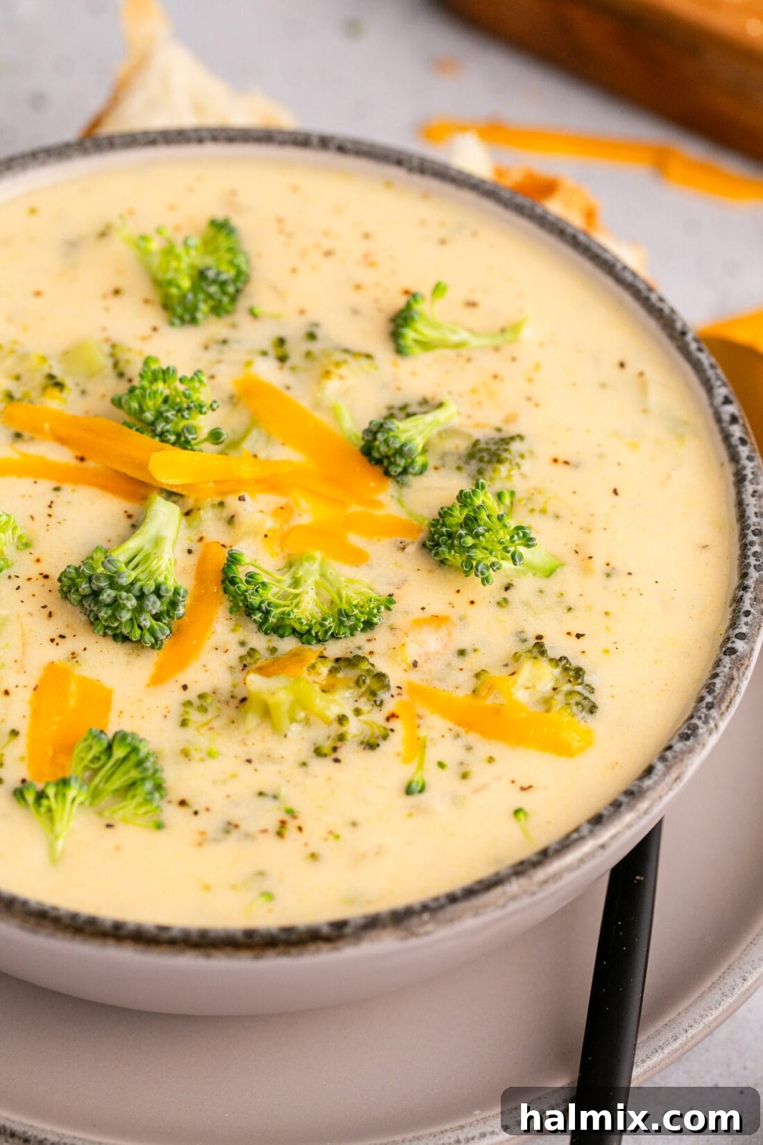 Golden Instant Pot Broccoli Cheddar Soup 2 Close up photo of a bowl of Instant Pot Broccoli Cheddar Soup, showcasing the creamy texture and cheese