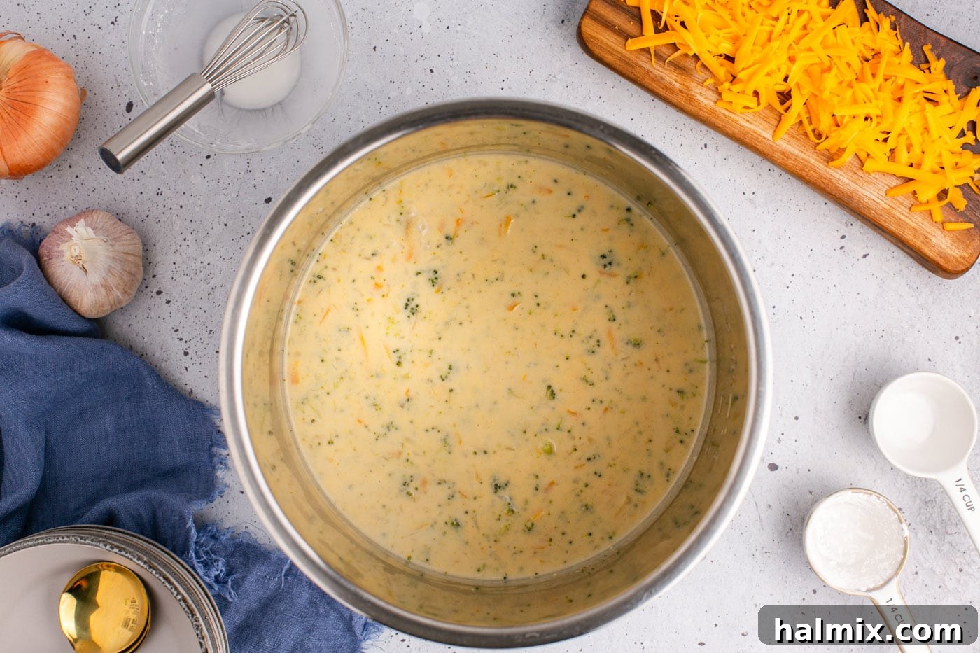Golden Instant Pot Broccoli Cheddar Soup 12 Overhead shot of freshly made Instant Pot Broccoli Cheddar Soup, ready to serve