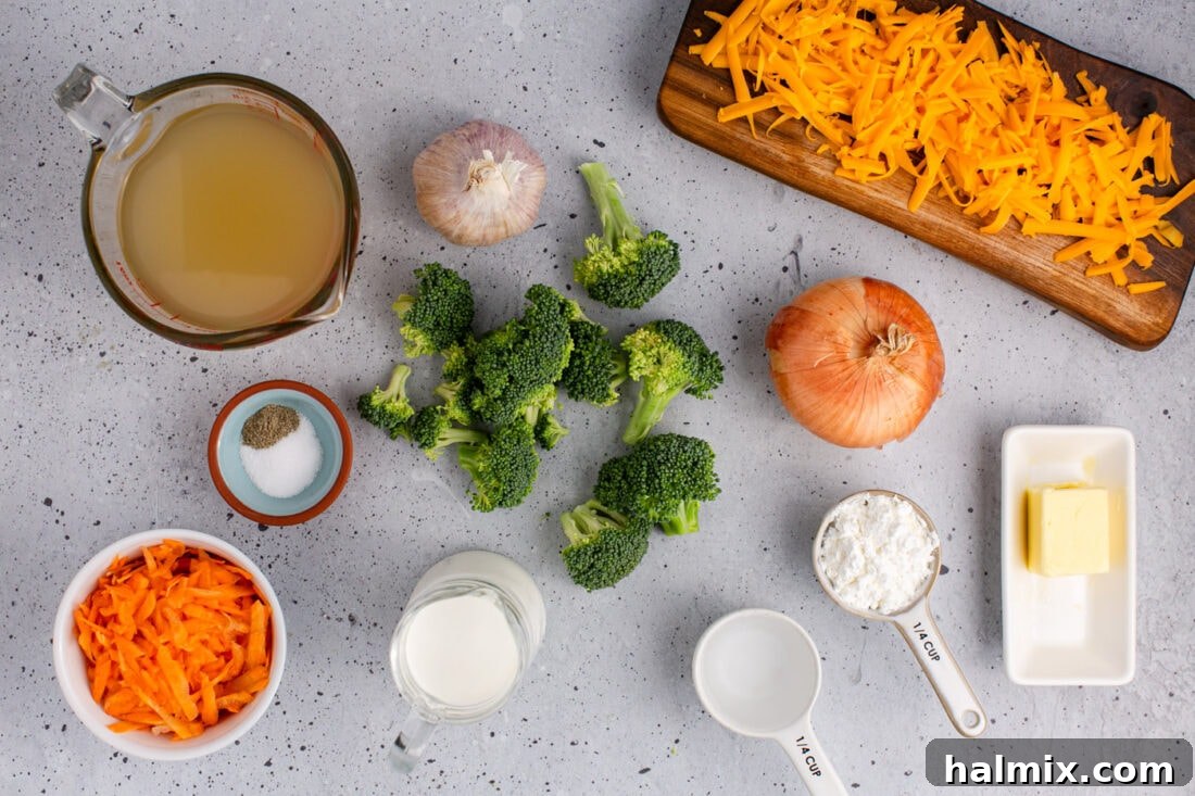 Golden Instant Pot Broccoli Cheddar Soup 4 A flat lay photo showing all fresh ingredients for Instant Pot Broccoli Cheddar Soup neatly arranged on a counter