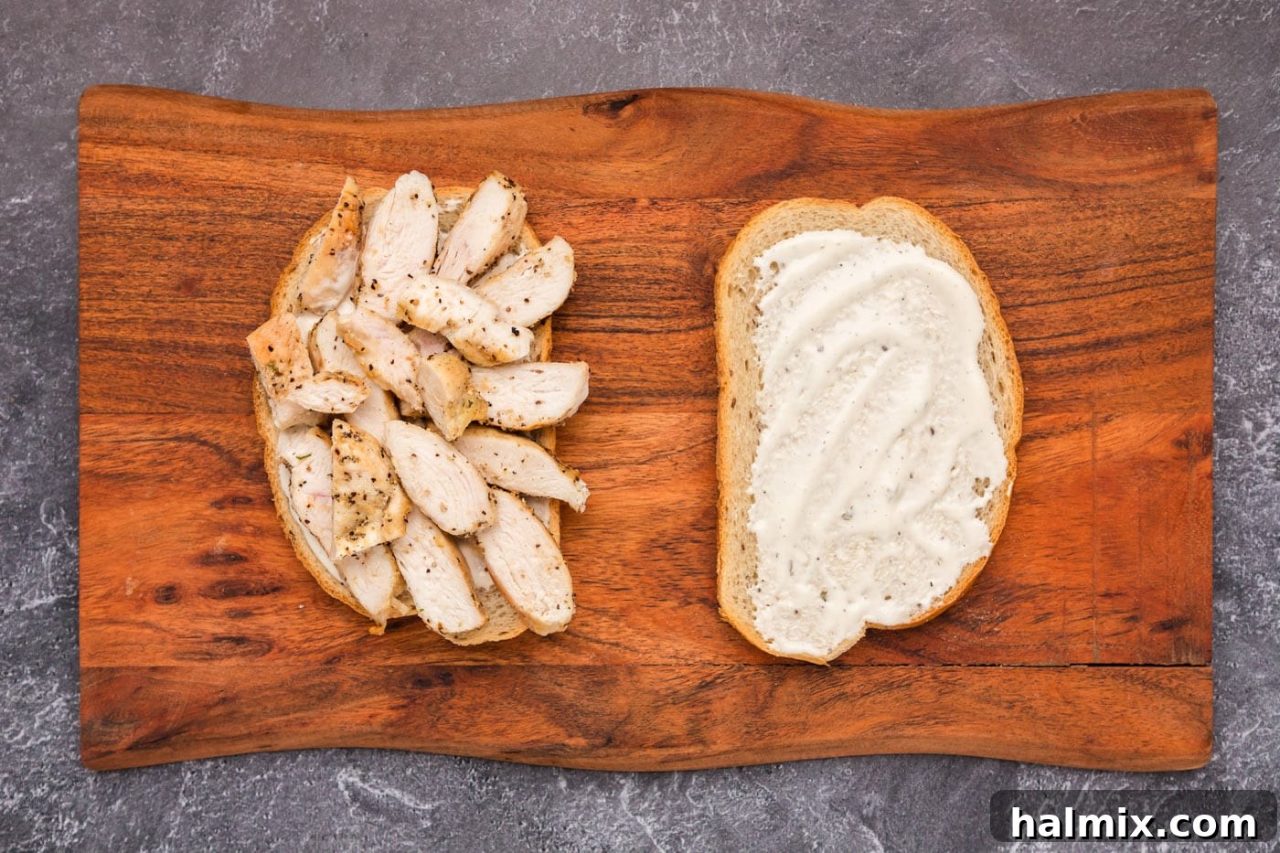 Fried Chicken Ranch Melt 6 Sliced chicken breast layered on top of ranch dressing and rye bread