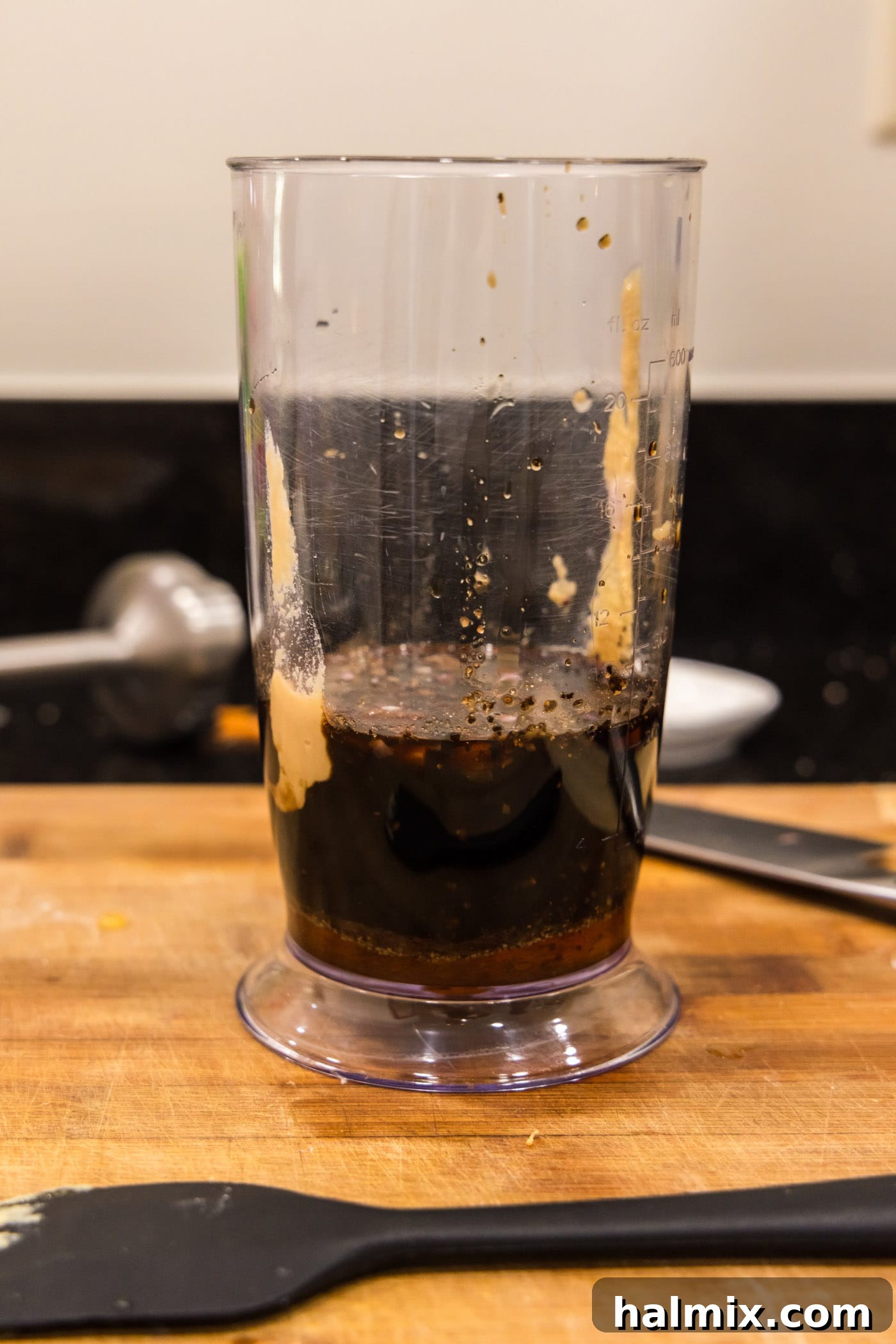 Sweet-Tart Balsamic Dressing 6 Balsamic vinaigrette dressing ingredients settled in an immersion blender