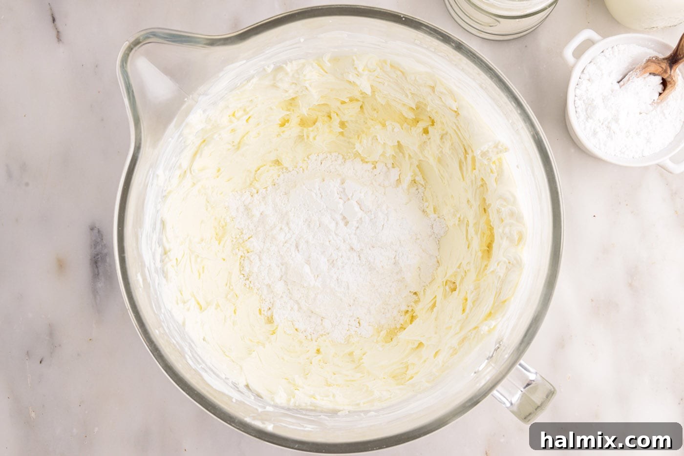 powdered sugar added to cheesecake mixture