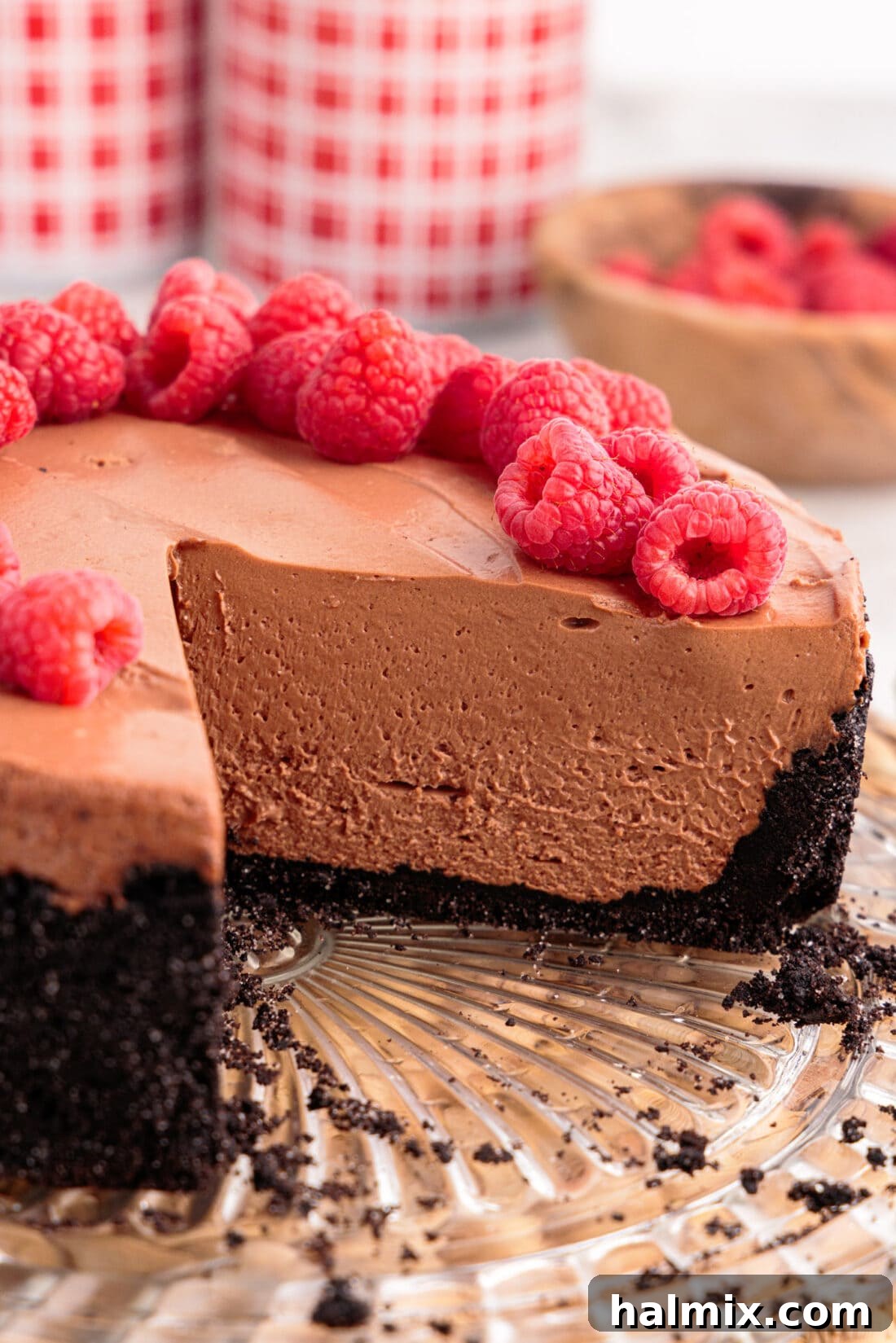 No Bake Chocolate Cheesecake with two slices removed