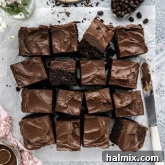 Close up photo of Fudge Frosted Espresso Brownies cut into squares