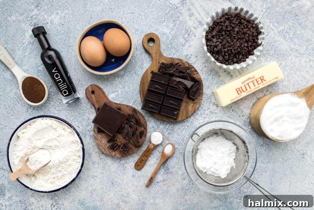 Collection of fresh ingredients for Fudge Frosted Espresso Brownies laid out on a kitchen counter