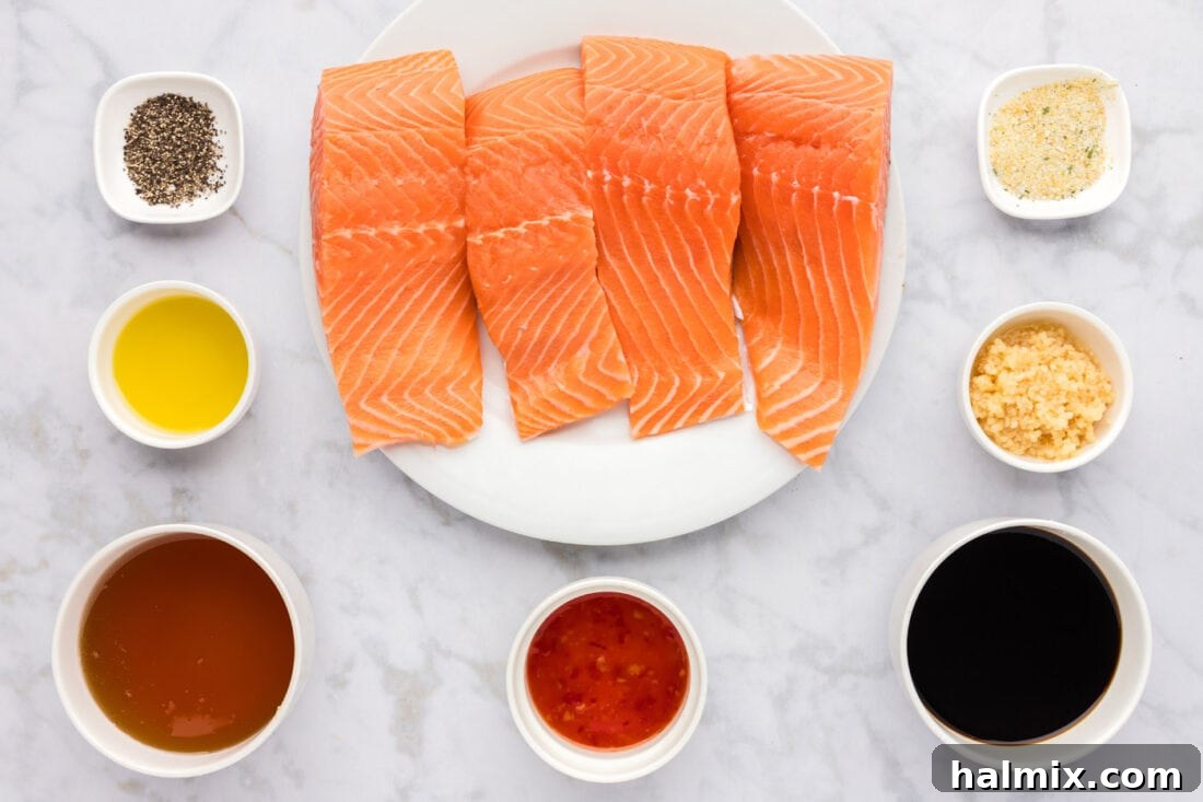 Ingredients for Honey Salmon, neatly arranged on a counter.