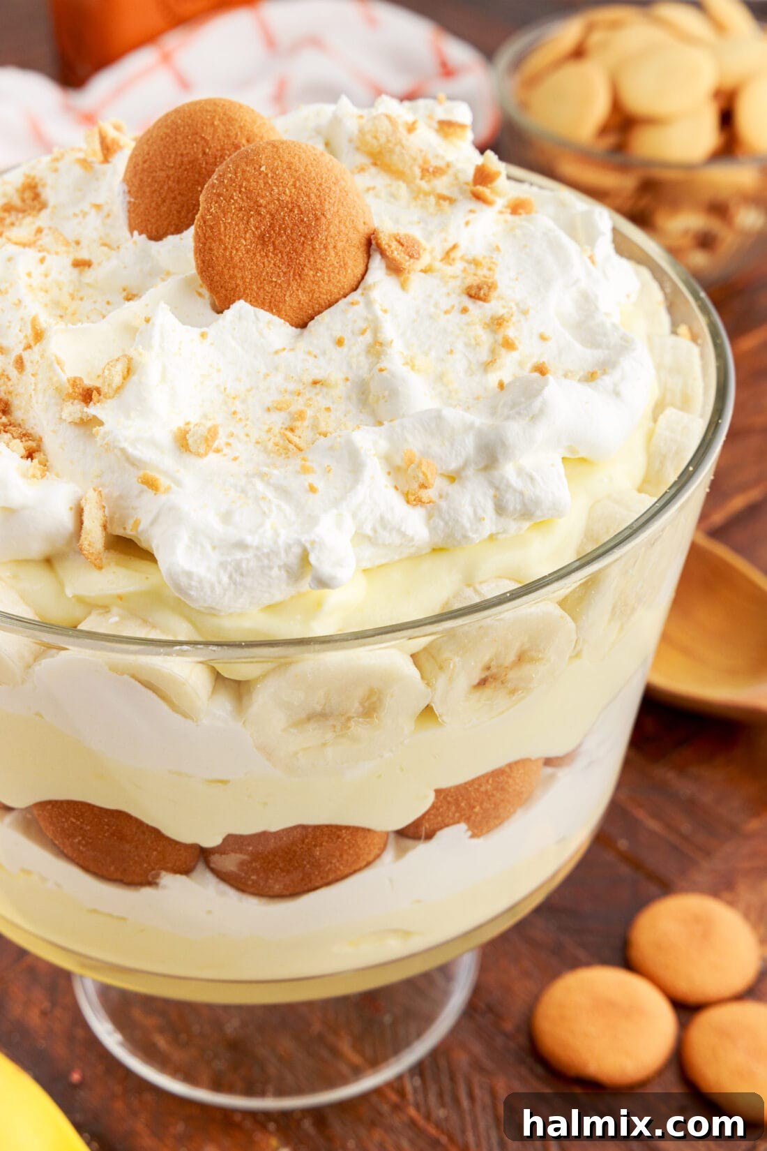 Close up photo of a Banana Trifle with clear layers visible.