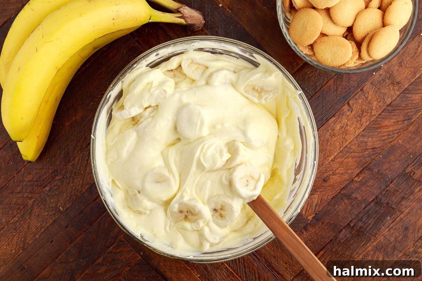 Cream cheese pudding mixture with freshly sliced bananas folded in.
