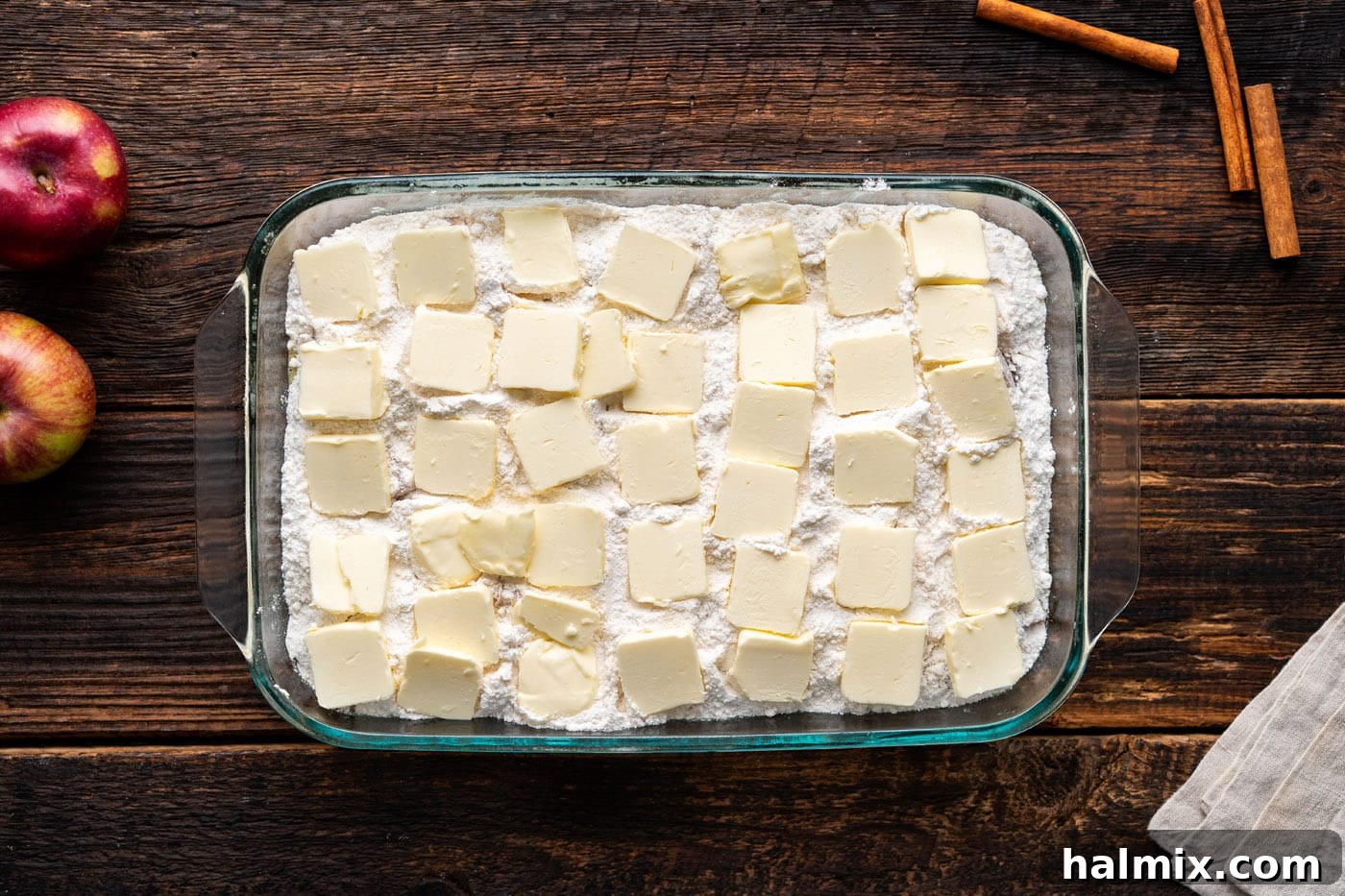 No-Fuss Caramel Apple Delight 11 pats of butter on top of caramel apple dump cake