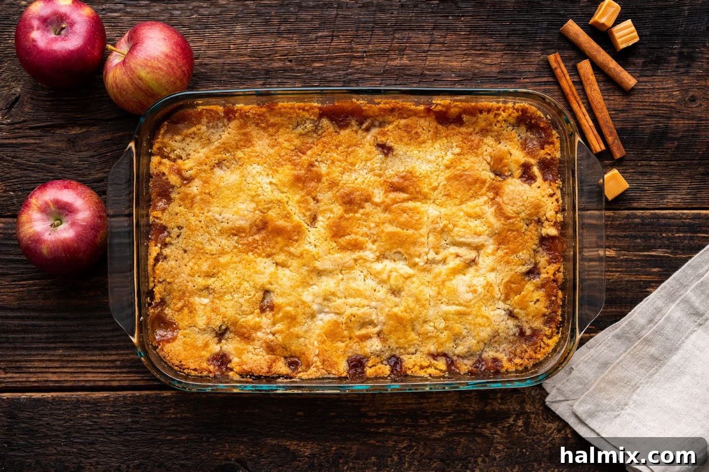 No-Fuss Caramel Apple Delight 12 baked caramel apple dump cake overhead