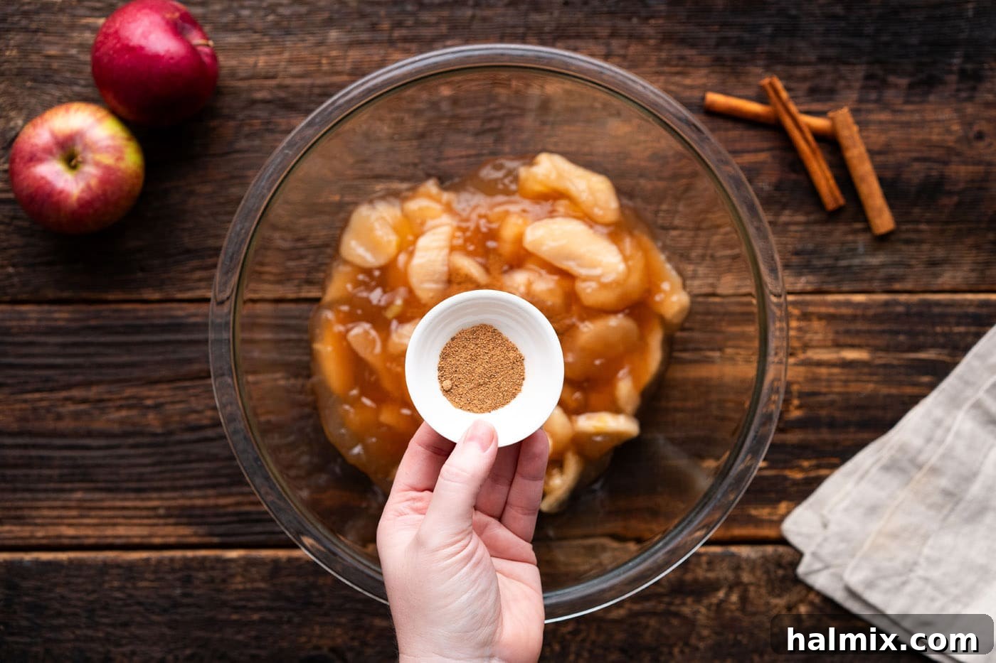 No-Fuss Caramel Apple Delight 6 adding nutmeg to apple pie filling