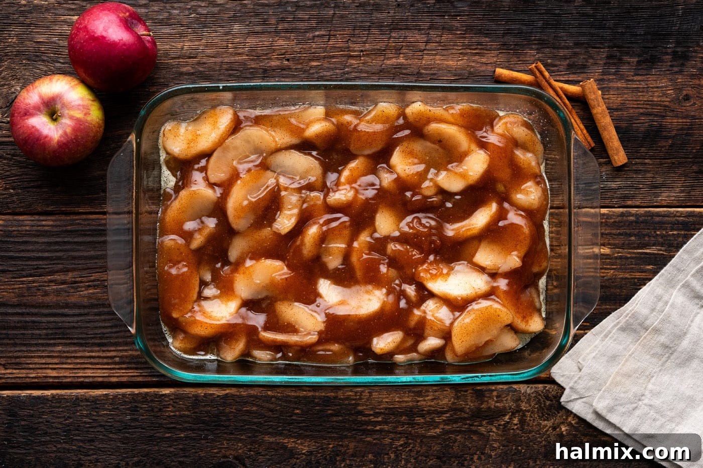 No-Fuss Caramel Apple Delight 8 apple pie filling in a baking dish