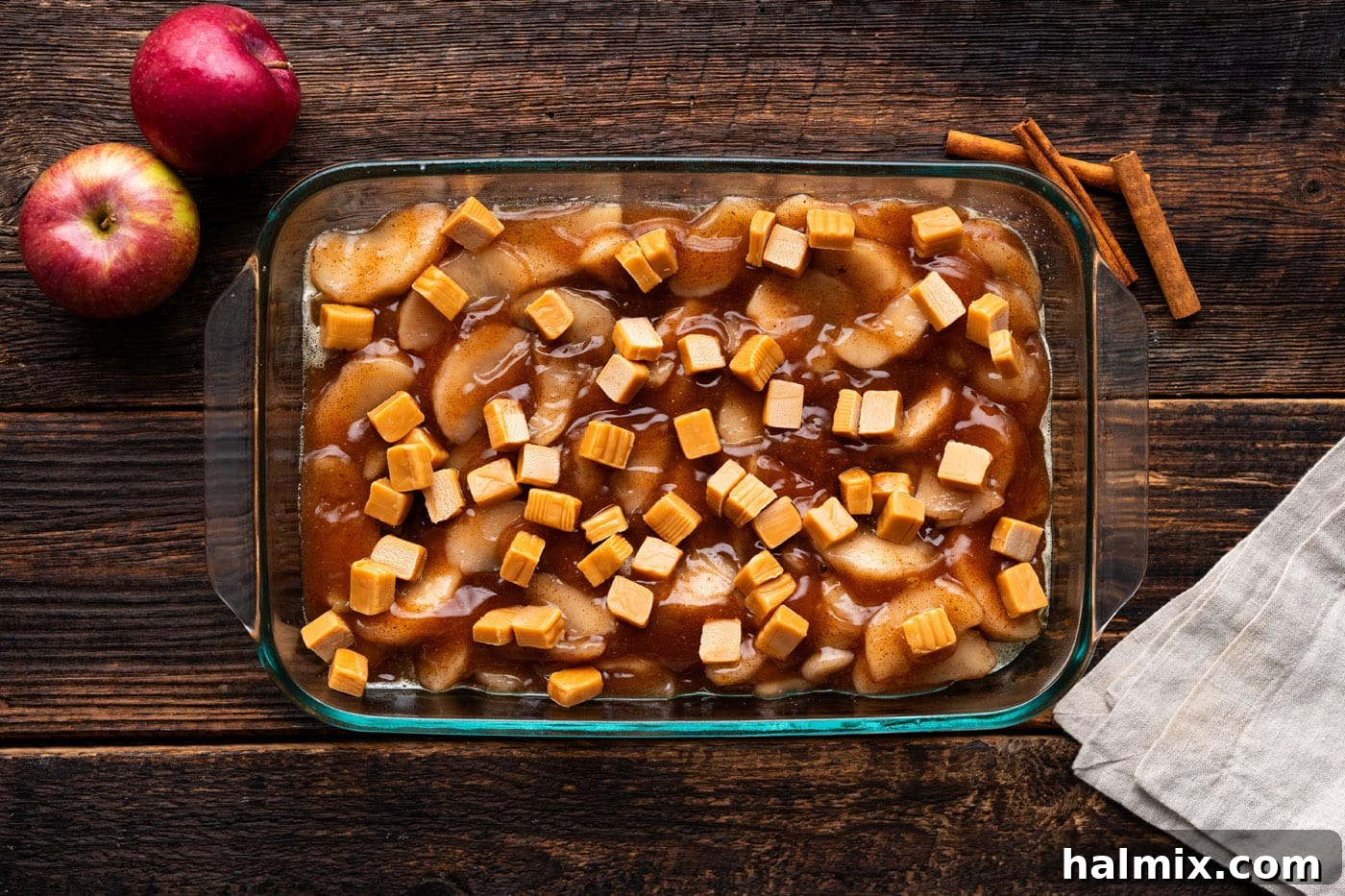 No-Fuss Caramel Apple Delight 9 kraft caramels dotted on top of apple pie filling