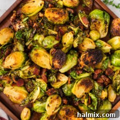 Close up photo of Brussels Sprouts with Bacon, Shallots and Candied Pecans, beautifully plated