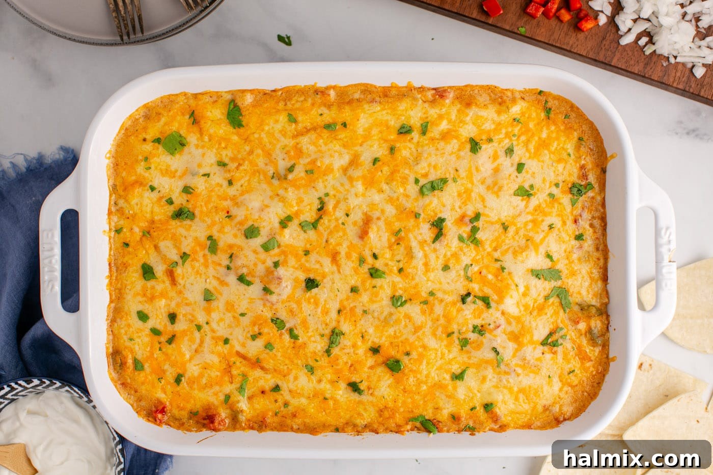 Hearty King Ranch Chicken Bake 15 A fully baked King Ranch Chicken Casserole, golden brown and bubbly, fresh from the oven.