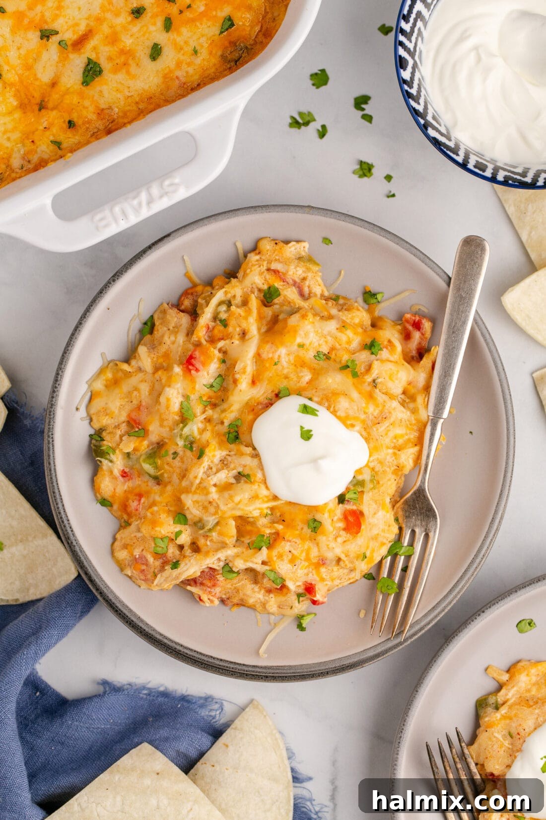 Hearty King Ranch Chicken Bake 16 An overhead photo of a plate filled with delicious King Ranch Chicken Casserole, ready to be enjoyed.