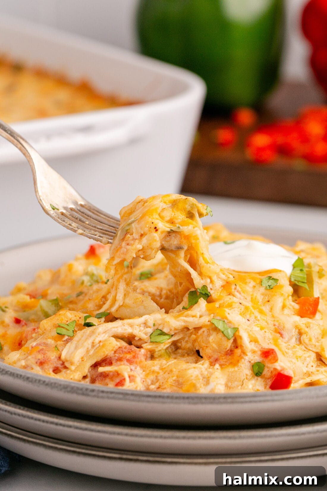 Hearty King Ranch Chicken Bake 3 A fork holding a piece of King Ranch Chicken Casserole, with a plate of the casserole in the background, highlighting the creamy layers.