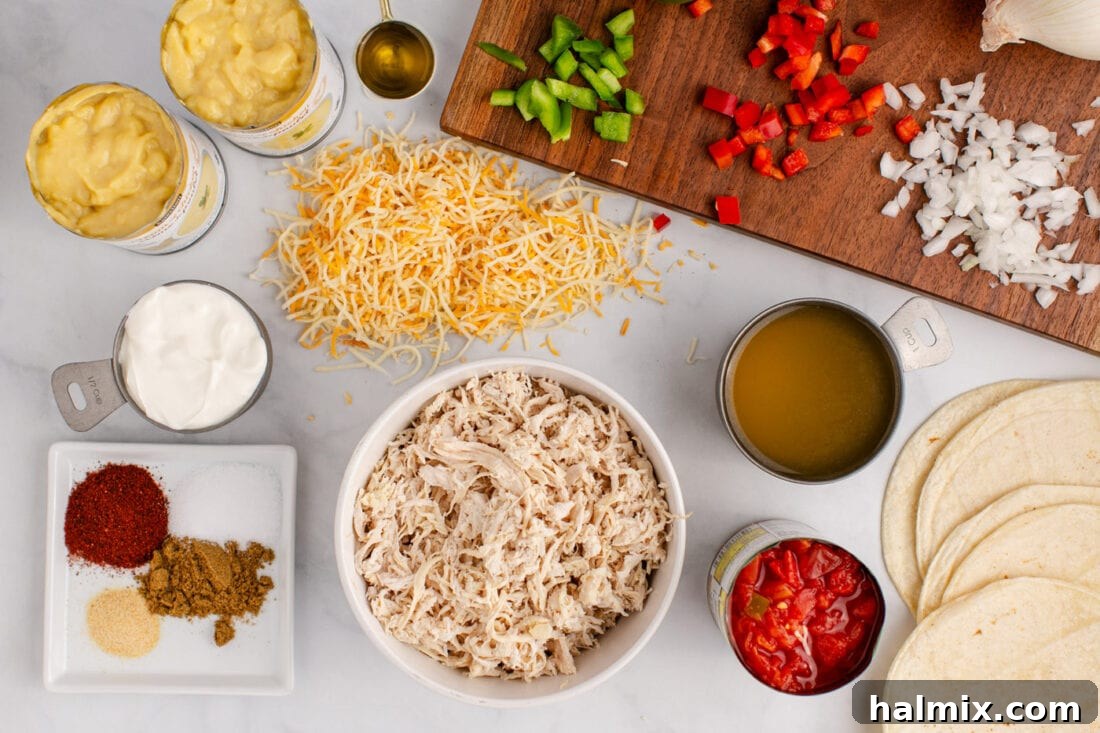 Hearty King Ranch Chicken Bake 4 A display of fresh ingredients for King Ranch Chicken Casserole, including bell peppers, onions, chicken, Rotel, and cream of chicken soup.