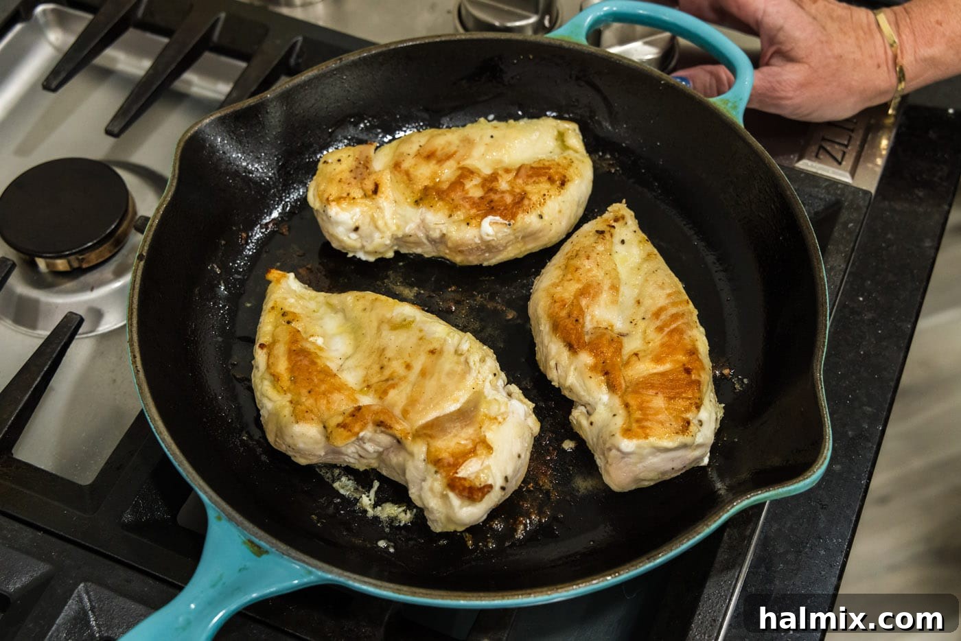 Pan-seared golden brown chicken breasts