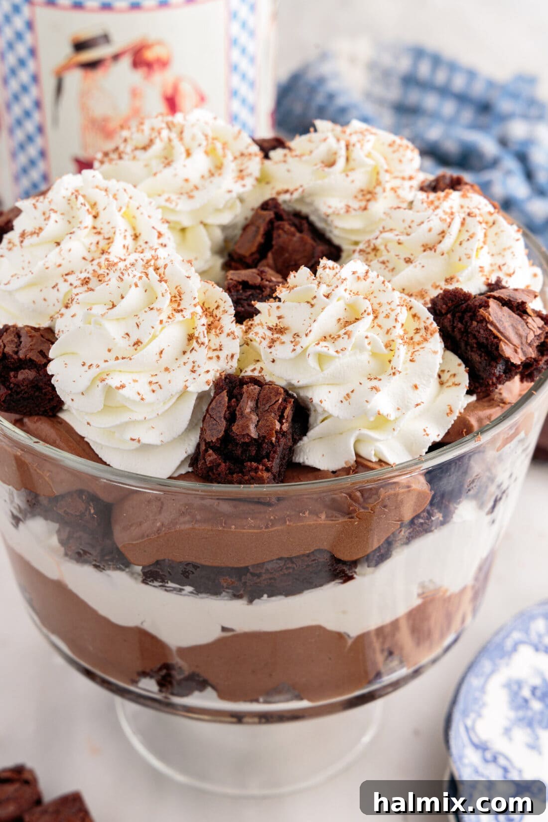 Ultimate Fudge Brownie Trifle 2 Close up photo of a Brownie Trifle, showcasing its beautiful layers of chocolate brownie, pudding, and whipped cream