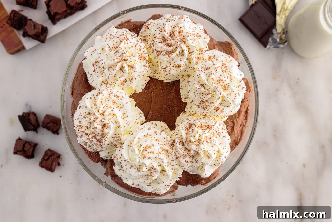 Ultimate Fudge Brownie Trifle 14 Finished brownie trifle adorned with piped whipped cream and delicate chocolate shavings