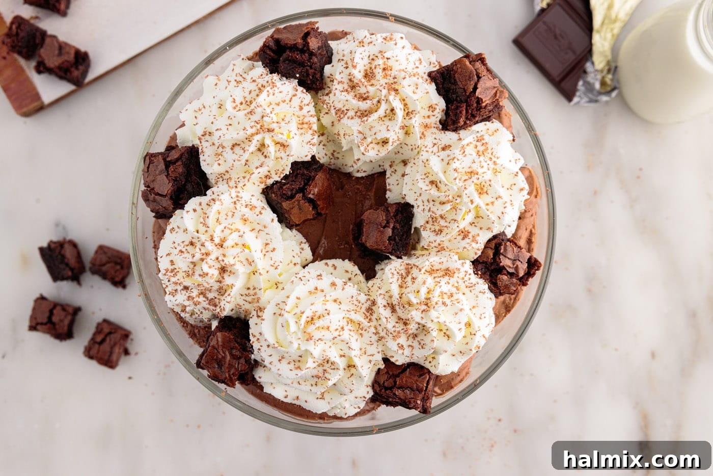 Ultimate Fudge Brownie Trifle 15 Brownie trifle garnished with chocolate shavings and additional brownie pieces for a complete look