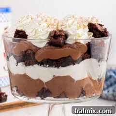 Ultimate Fudge Brownie Trifle 17 Side photo of a Brownie Trifle, showing its distinct layers from the side