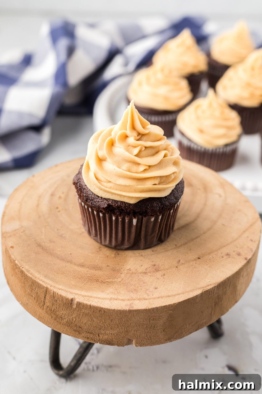 Close up photo of a cupcake elegantly topped with fluffy Peanut Butter Frosting