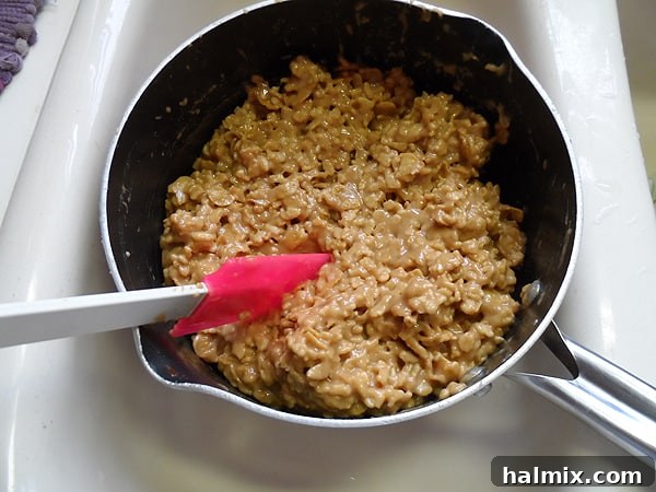 A photo of the initial steps of combining sugar, corn syrup, peanut butter, and a mixture of rice and corn cereals in a large saucepan.