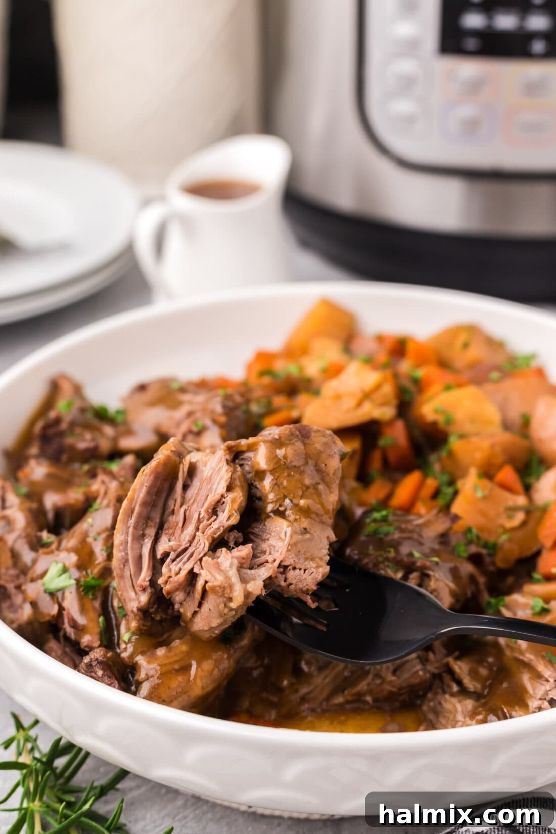 Piece of Instant Pot Roast Beef on a fork