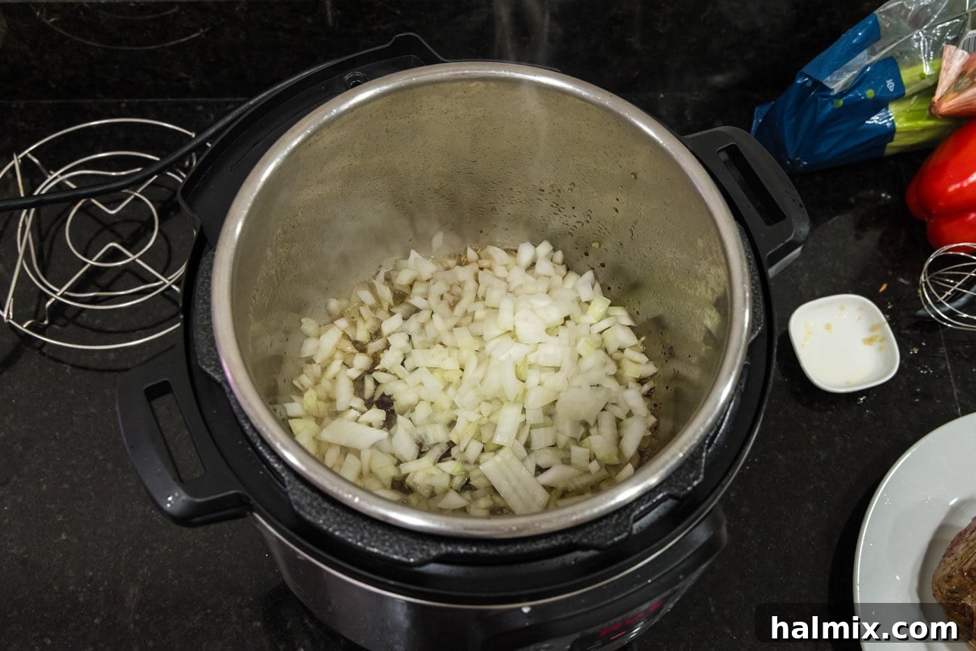 onion and garlic added to instant pot
