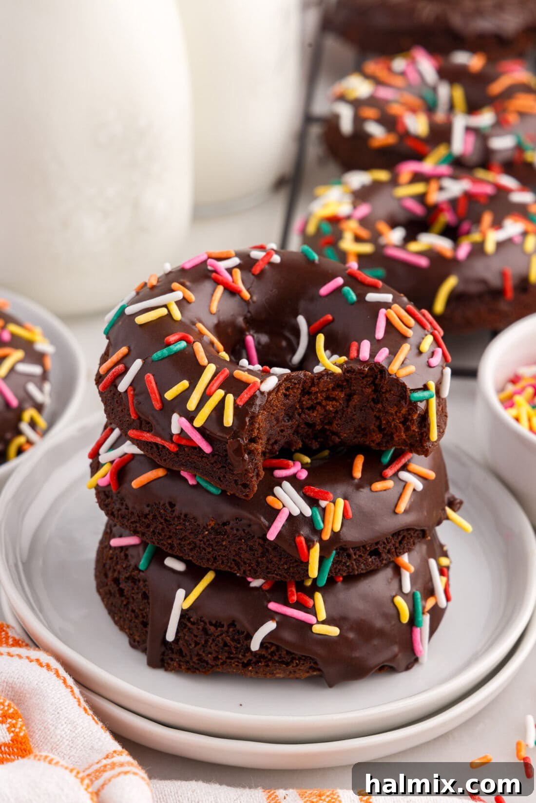 Stack of Bronuts topped with rainbow sprinkles with a bite taken out of the top one, showcasing the fudgy interior
